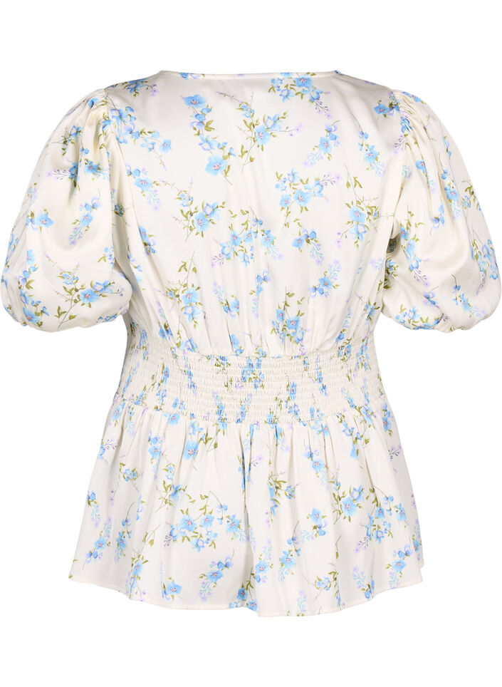 Blomstret satinbluse med pufærmer, Off White Blue Fl., Packshot image number 1