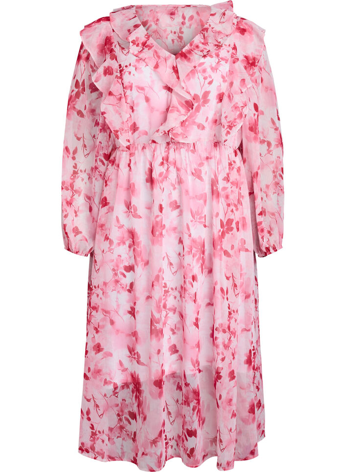 Blomstret chiffonkjole med fl&aelig;ser og lange &aelig;rmer, Lyser&oslash;d, Packshot image number 0