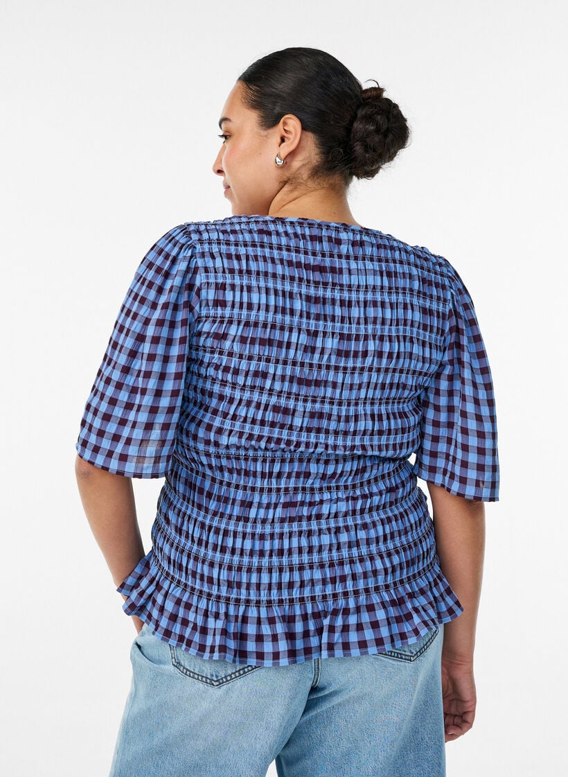 Smockbluse med gingham tern og fl&aelig;sekant, Bl&aring;, Model image number 2