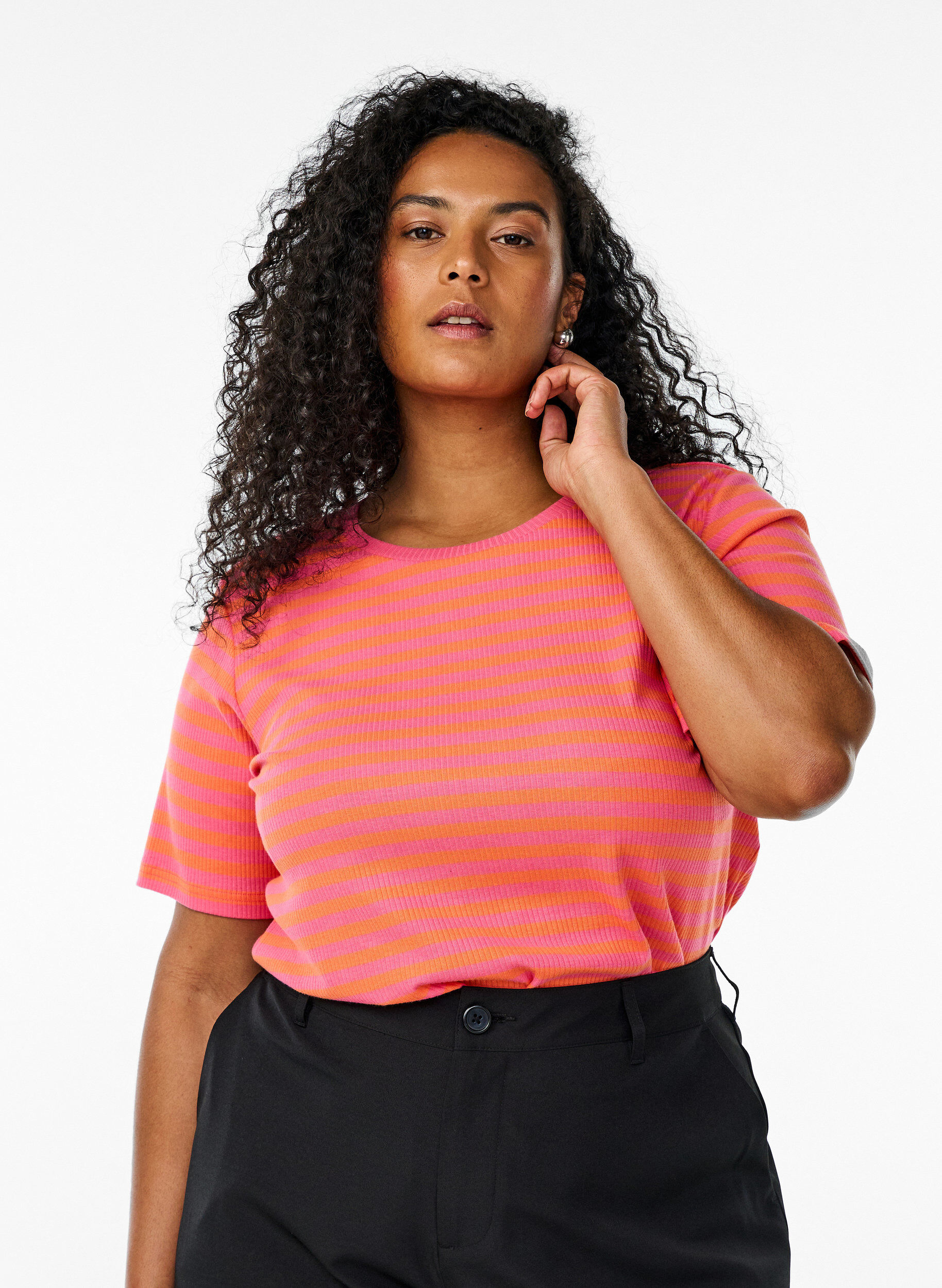 Zizzi Stribet t-shirt med ribstruktur, Orange, Model image number 0