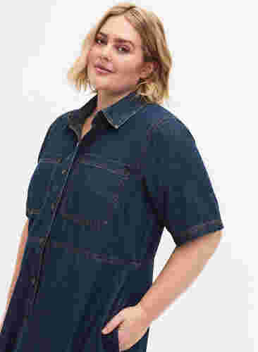 Denim skjortekjole med korte ærmer, Dark blue denim, Model image number 2
