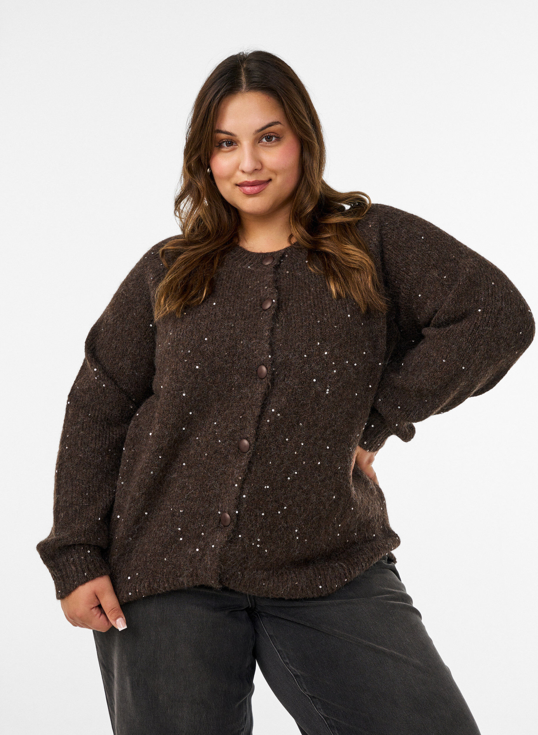 Cardigan med pailletter og knapper, Brun, Model