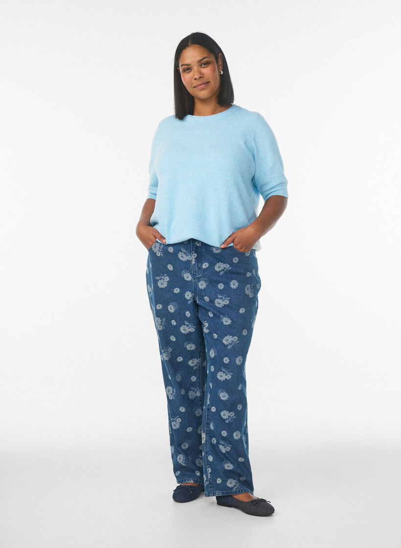 Strikbluse med korte &aelig;rmer, Bl&aring;, Model image number 0