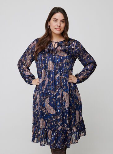 Langærmet kjole med print og a-form , Paisley Foil, Model image number 0