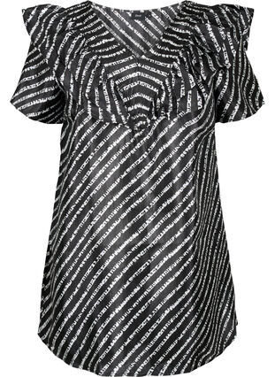 Stribet tunika med flæser, Black/White Stripes, Packshot image number 0