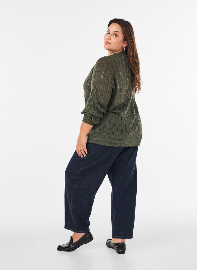 Strikket cardigan med hulm&oslash;nster, Gr&oslash;n, Model image number 2