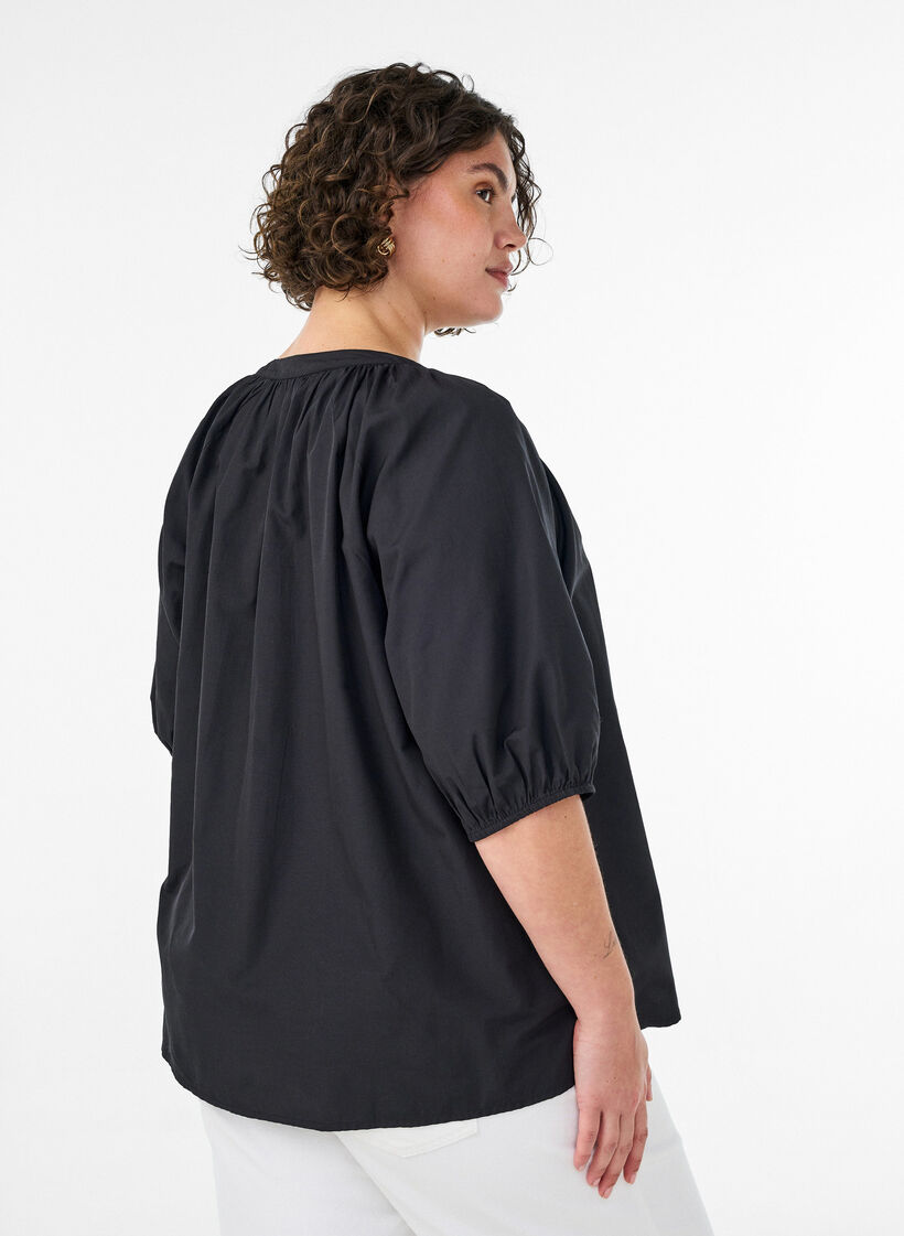 Skjortebluse med knaplukning og bindeb&aring;nd, Sort, Model image number 2