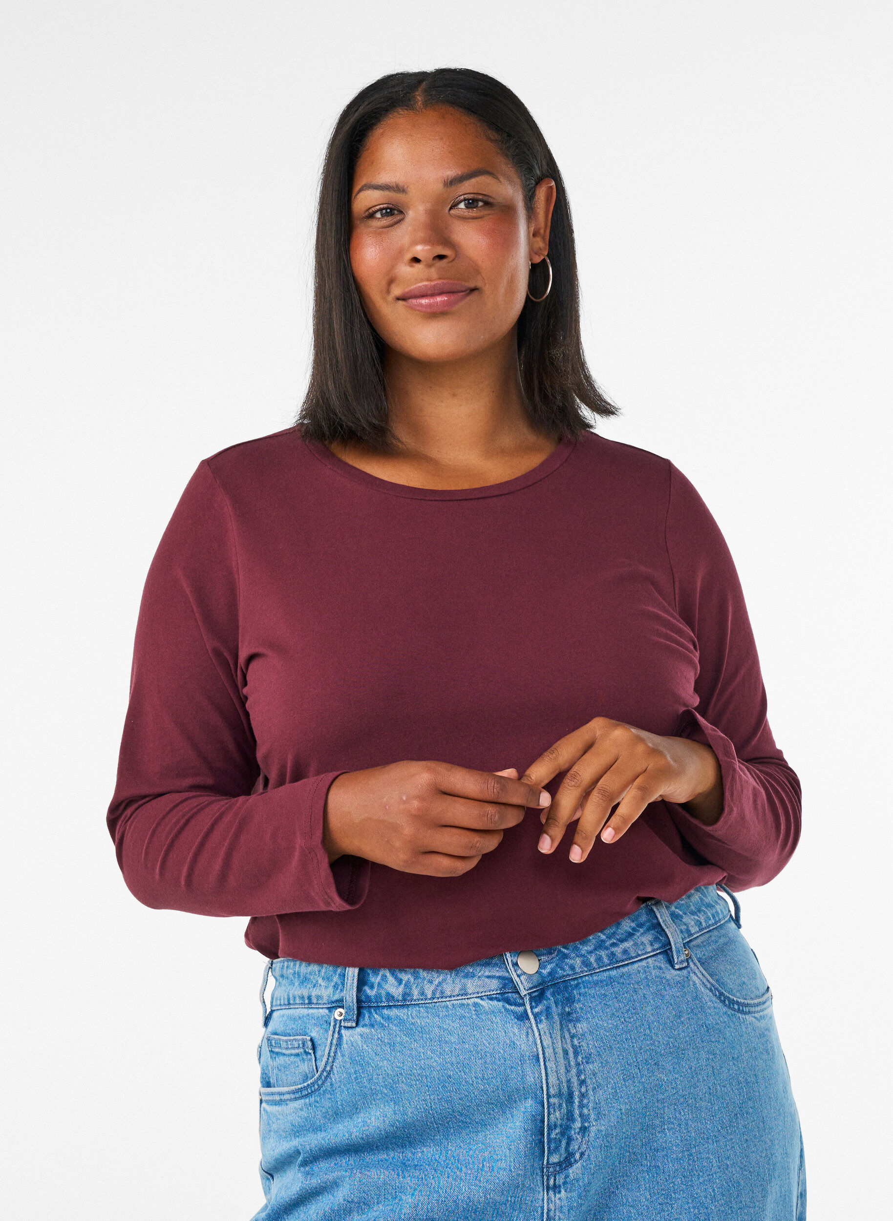 Basis jerseybluse med lange &aelig;rmer, R&oslash;d, Model