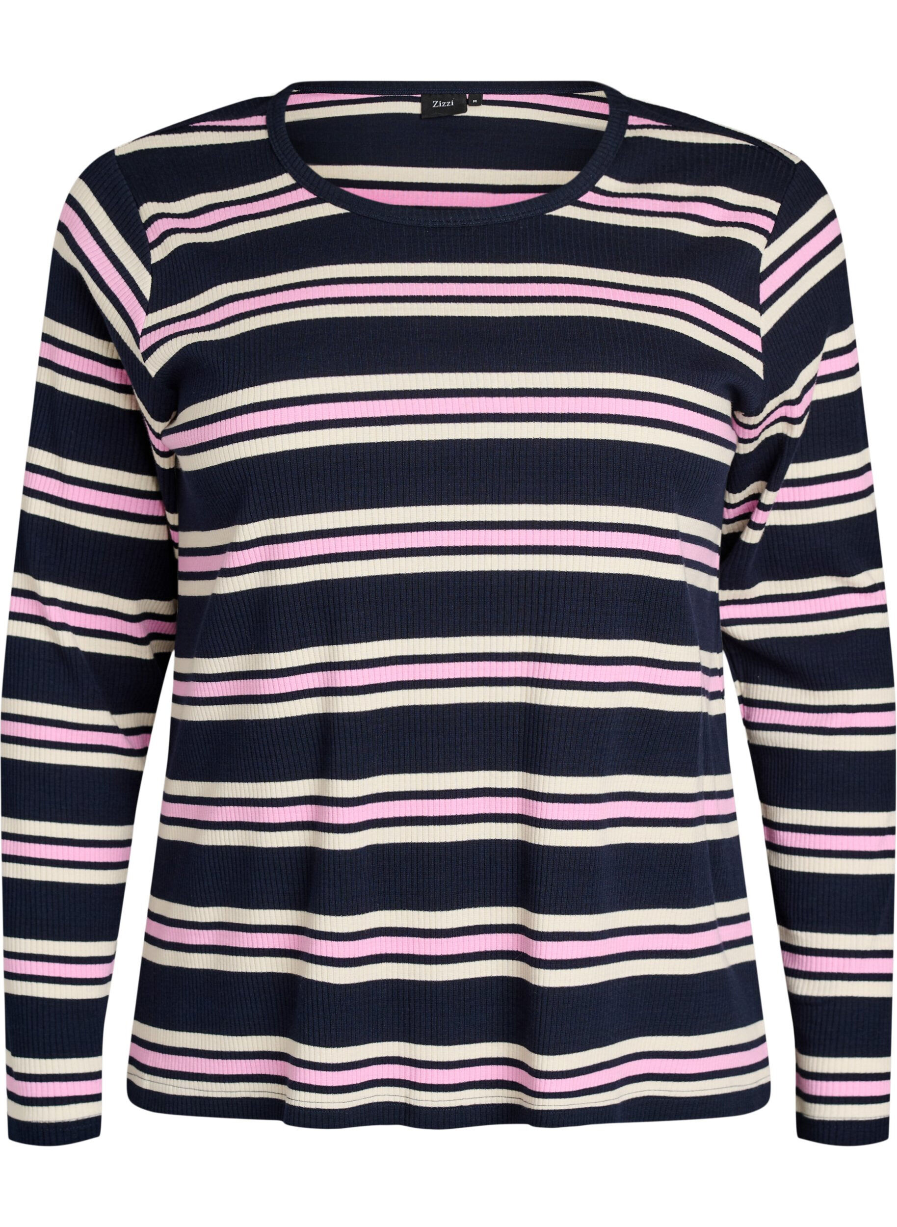 Lang&aelig;rmet natbluse i rib jersey med striber
