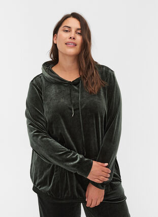 Sweatshirt i velour med hætte og lomme, Forest Night, Model image number 0