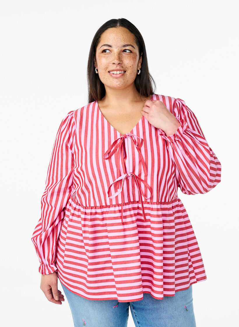 Bluse med striber og sløjfer, Rød, Model image number 0
