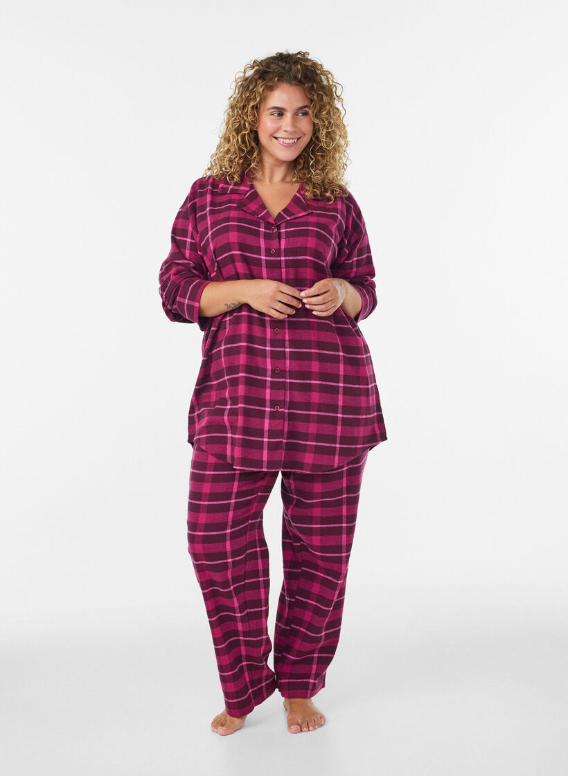 Ternet pyjamasskjorte i bomuld med lange &aelig;rmer, R&oslash;d, Model image number 1