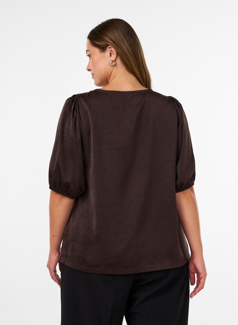 Satinbluse med sl&oslash;jfer og albuelange &aelig;rmer, Brun, Model image number 2