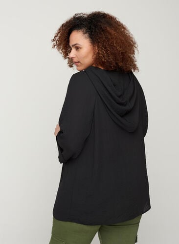 Bluse med hætte og 3/4 ærmer, Black, Model image number 1