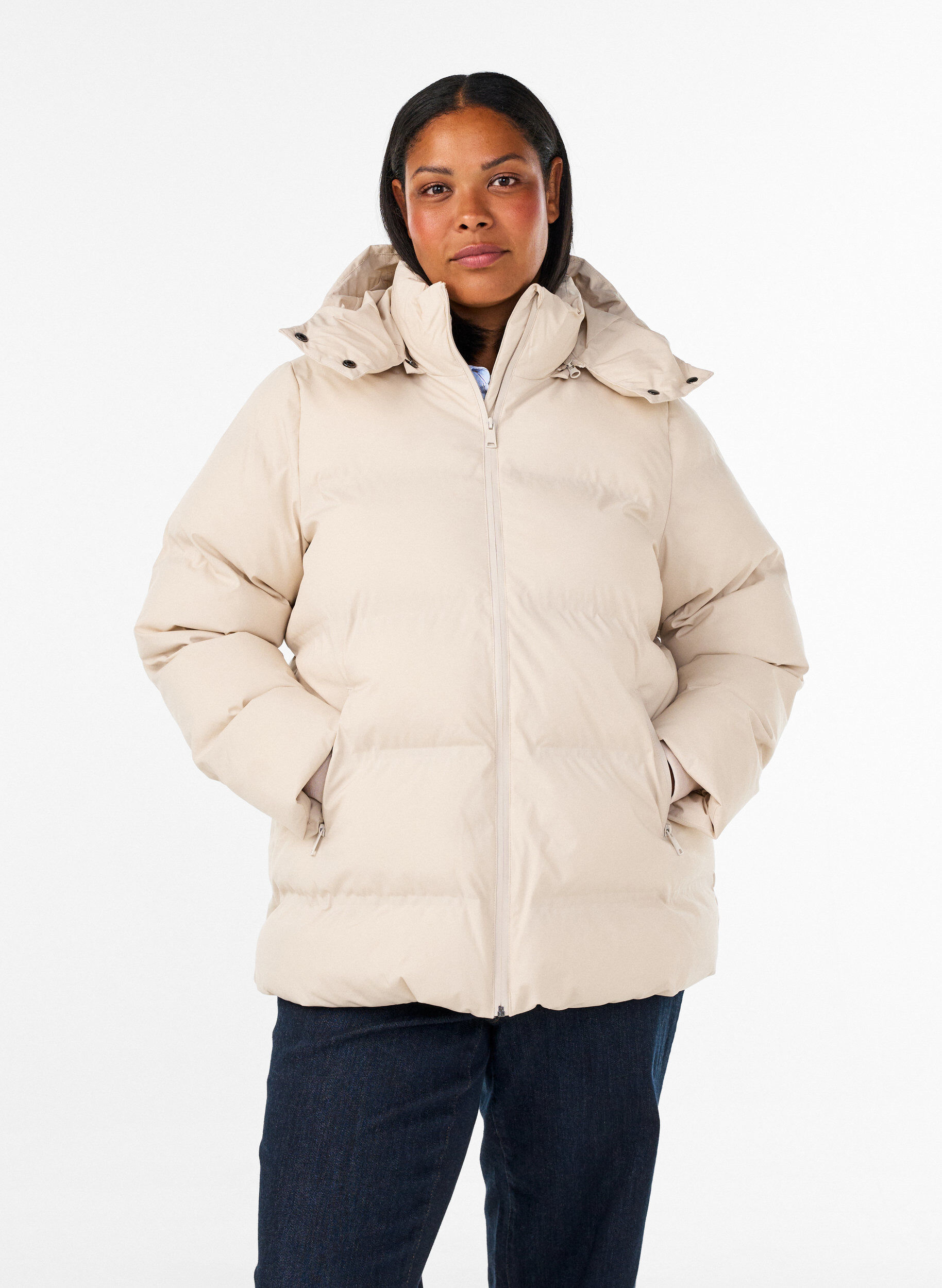 ZizziKort pufferjakke med aftagelig h&aelig;tte, Vanilla, Model image number 0