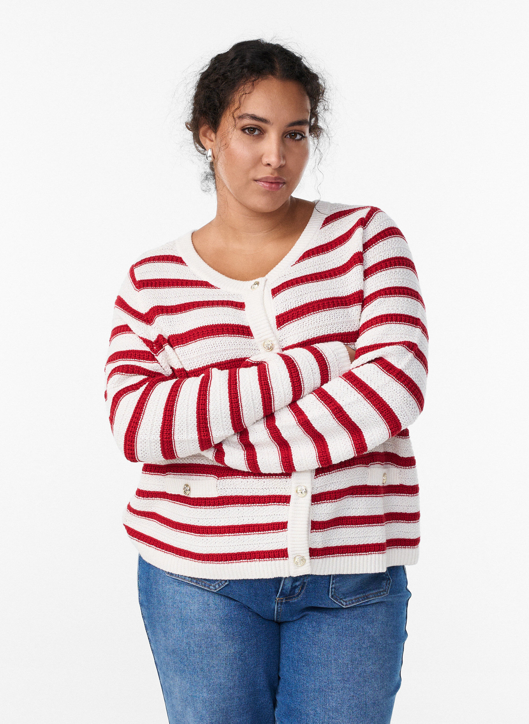 Cardigan med strukturstrik og dekorative knapper, R&oslash;d, Model