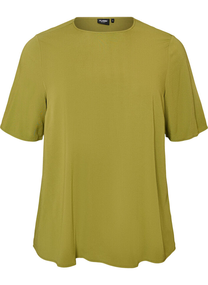 Kort&aelig;rmet v&aelig;vet bluse med rund hals, Gr&oslash;n, Packshot image number 0