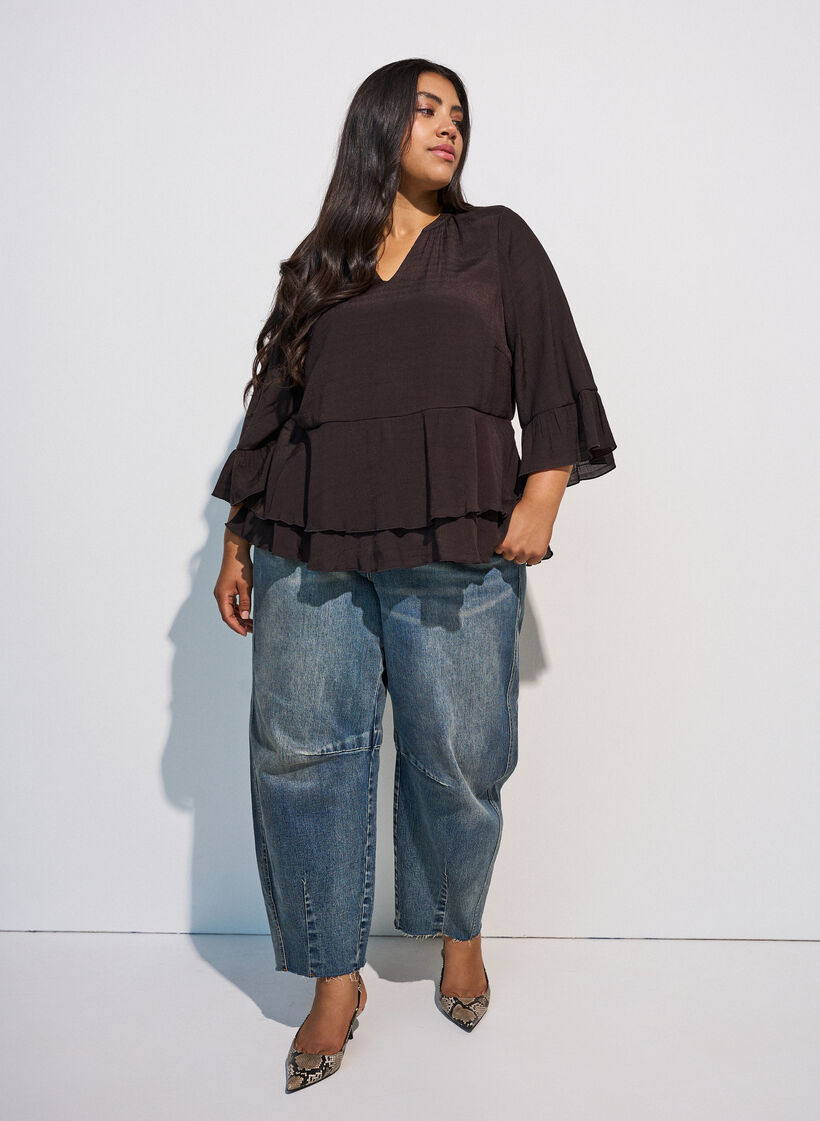 Bluse med 3/4-&aelig;rmer og fl&aelig;sedetaljer, Brun, Model image number 1