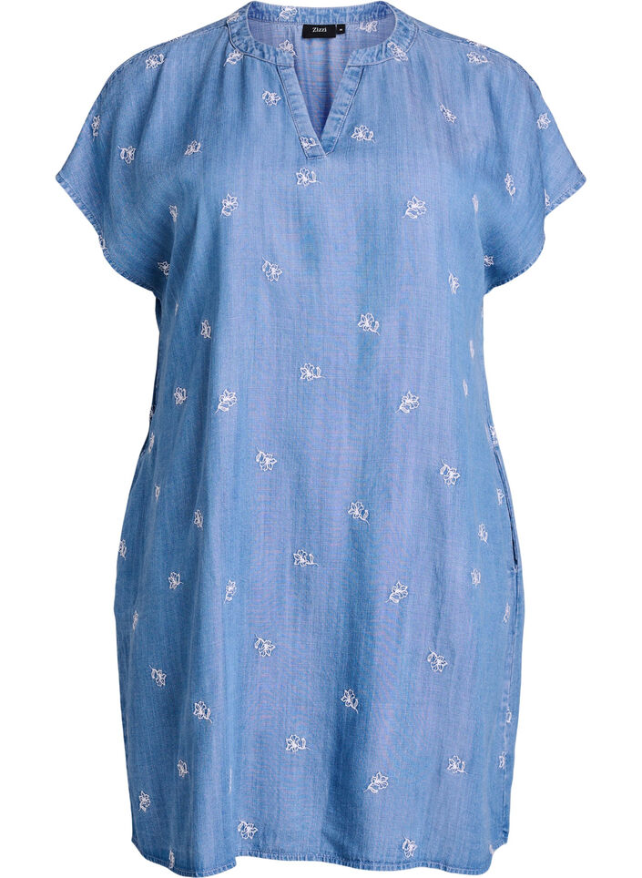 Kjole i lyocell med denimlook og broderede blomster, Bl&aring;, Packshot image number 0