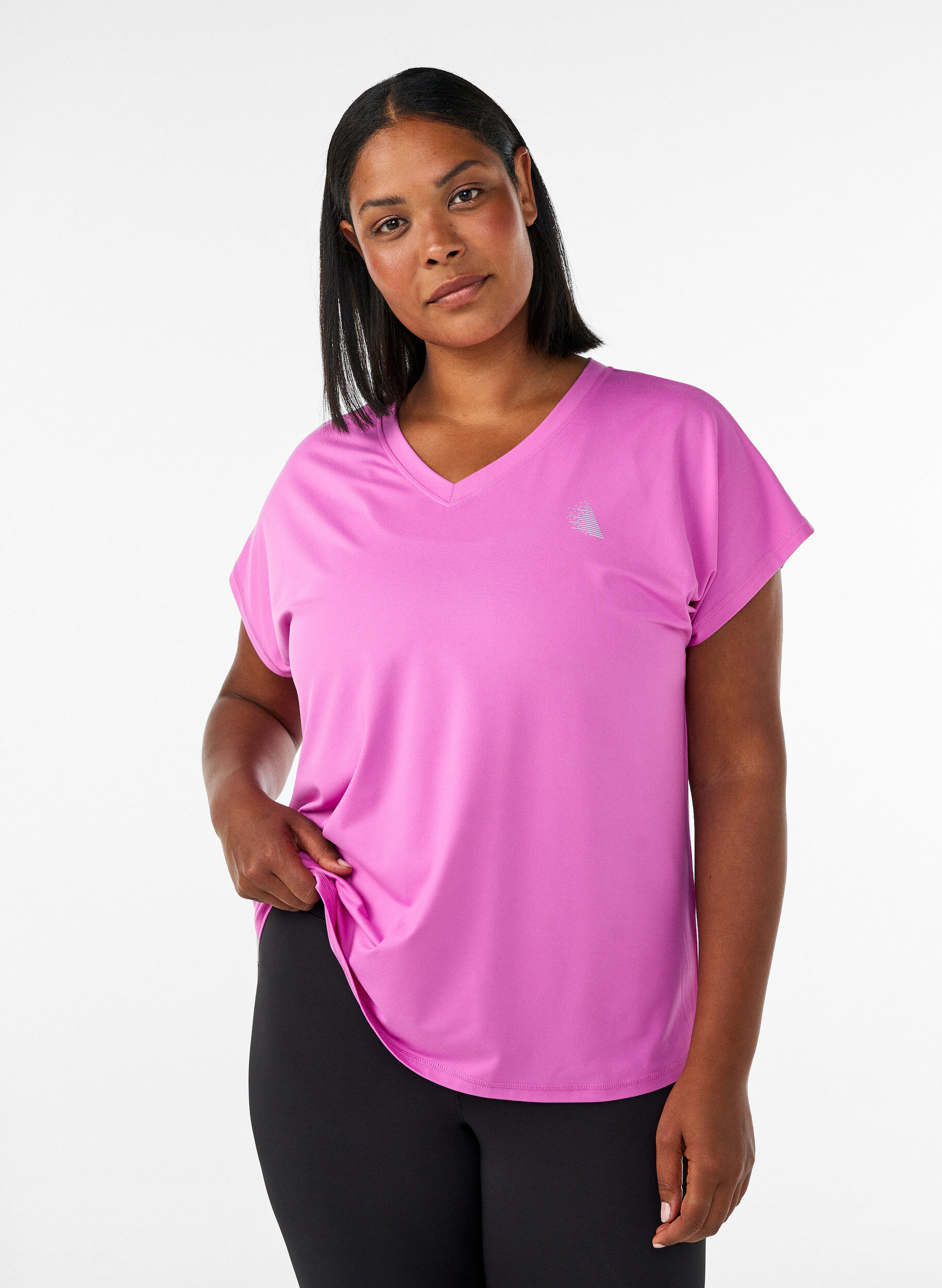 Kort&aelig;rmet tr&aelig;nings t-shirt med v-hals, Lilla, Model