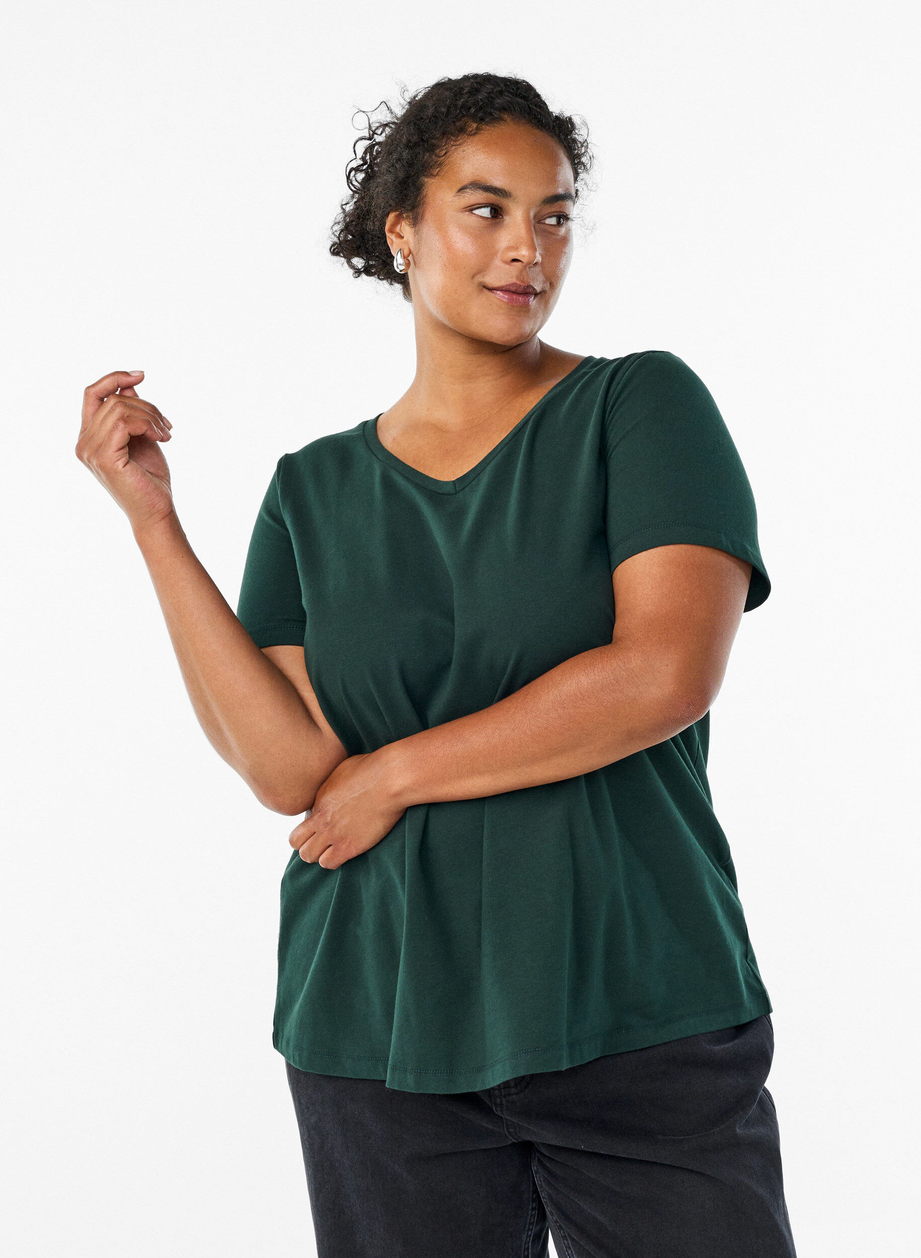 ZizziEnsfarvet basis t-shirt i bomuld, Gr&oslash;n, Model image number 0