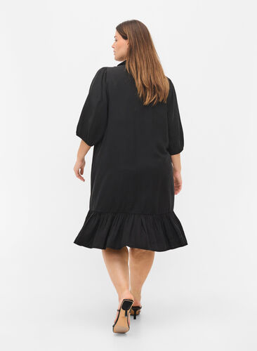 Kjole med flæsekant og 3/4 ærmer, Black, Model image number 1