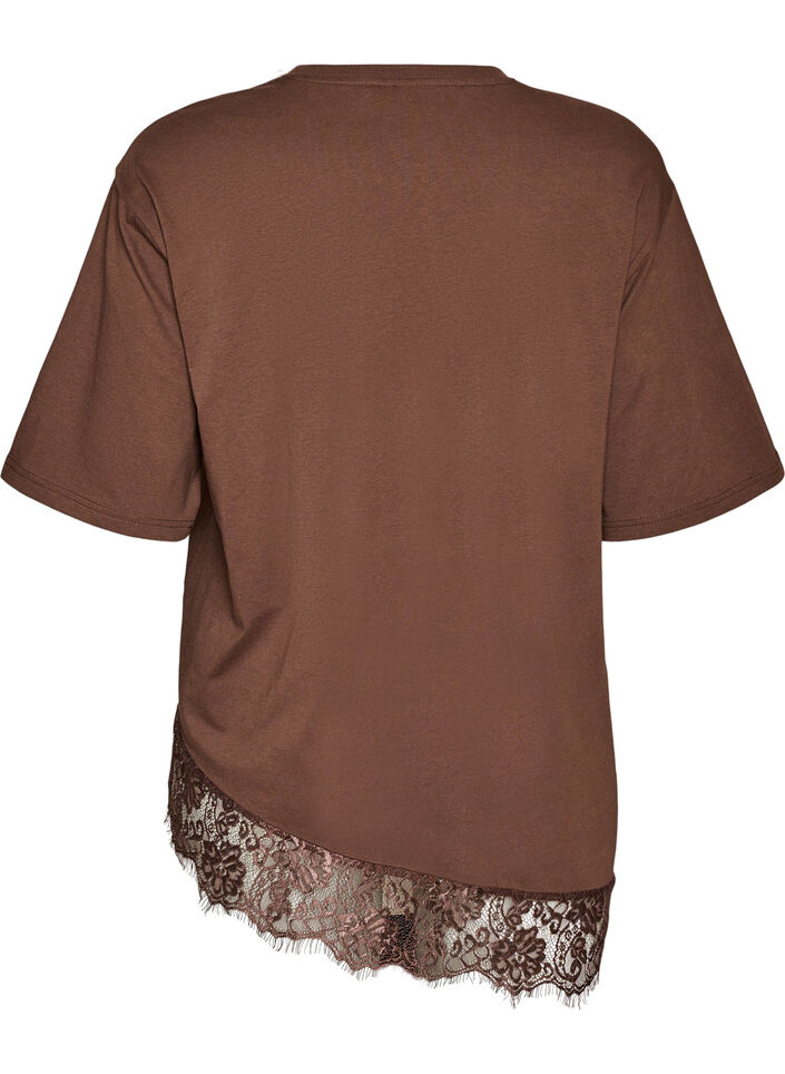 T-shirt med asymmetrisk blondekant, Brun, Packshot image number 1
