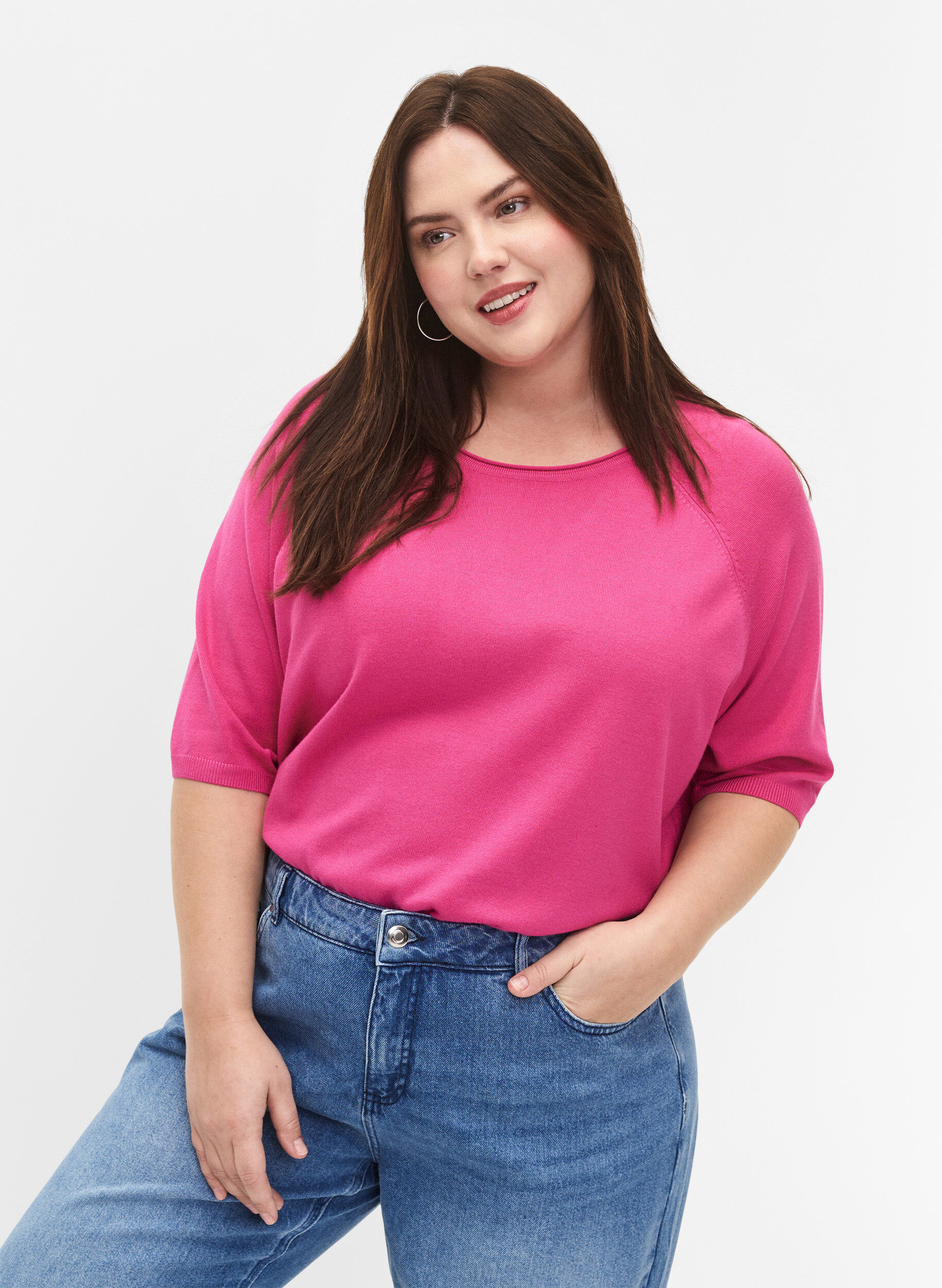 Zizzi Viskose strikbluse med 3/4 &aelig;rmer, Raspberry Rose, Model image number 0