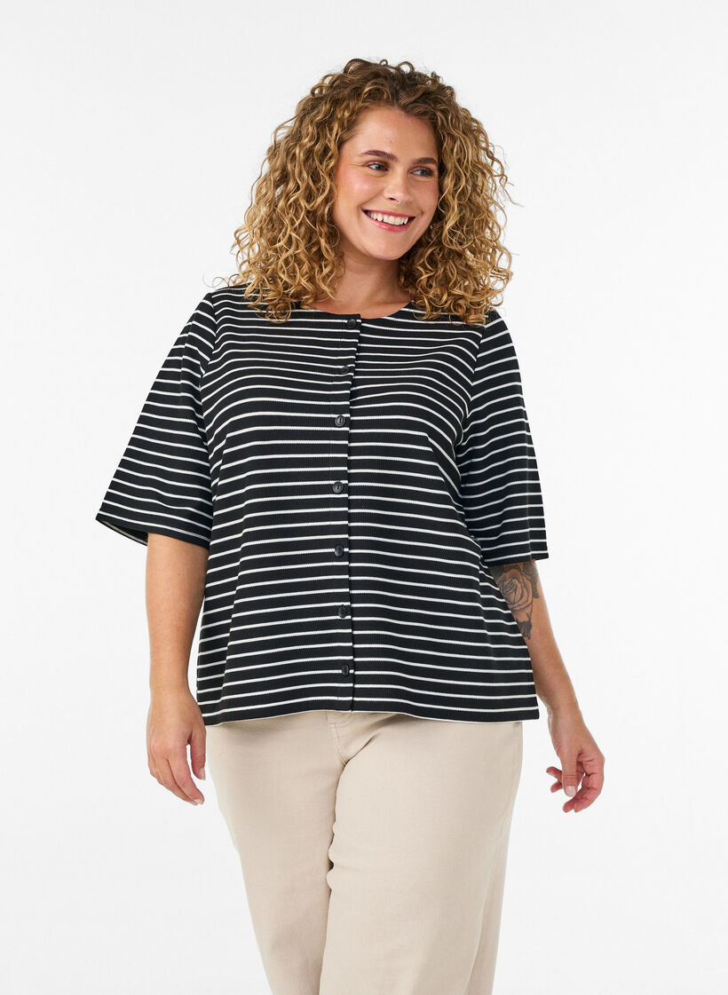 Bluse med ribbet struktur og knaplukning, Sort, Model image number 0