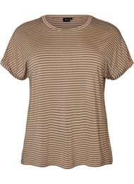 Stribet T-shirt i viskose med rund hals, Beige