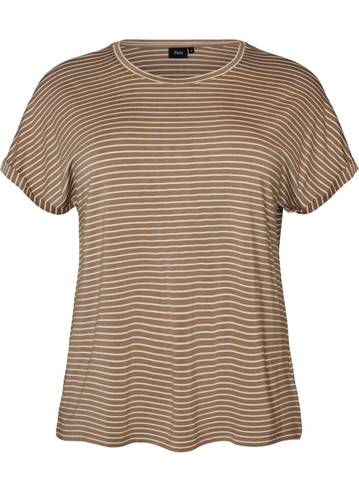 Stribet T-shirt i viskose med rund hals, Beige, Packshot image number 0