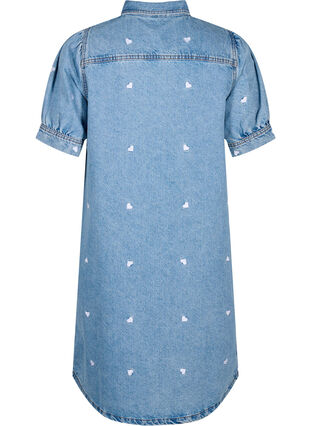 Denim kjole med broderede hjerter, Light blue denim, Packshot image number 1