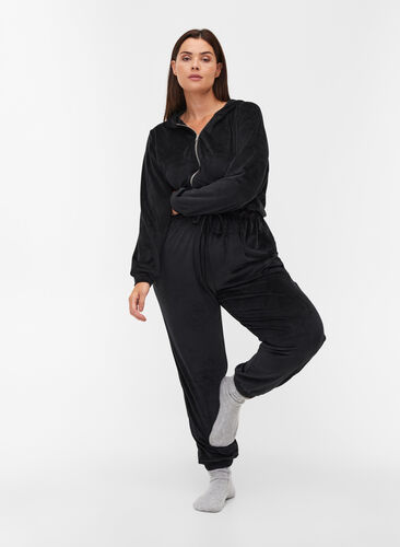 Velour jumpsuit med hætte og bindesnøre, Black, Model image number 0