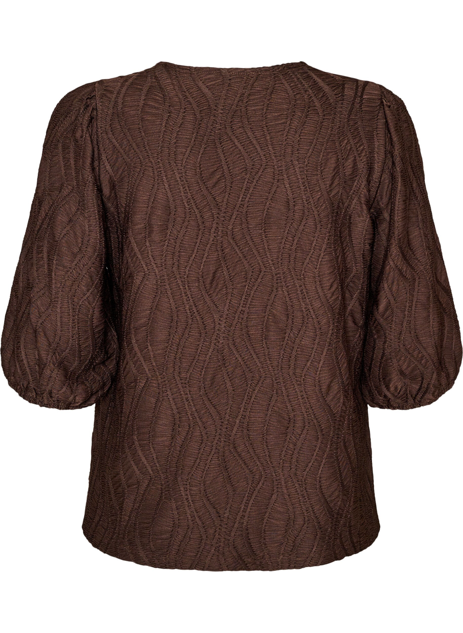 ZizziBluse med tekstur og 3/4 &aelig;rmer, Brun, Packshot image number 1