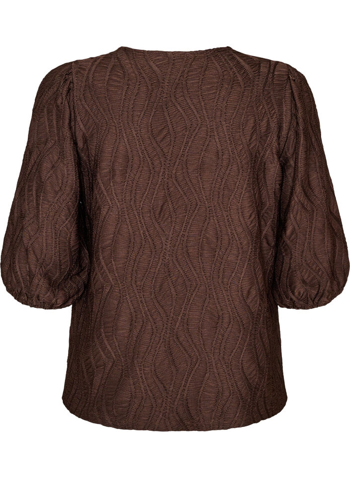 Bluse med tekstur og 3/4 &aelig;rmer, Brun, Packshot image number 1