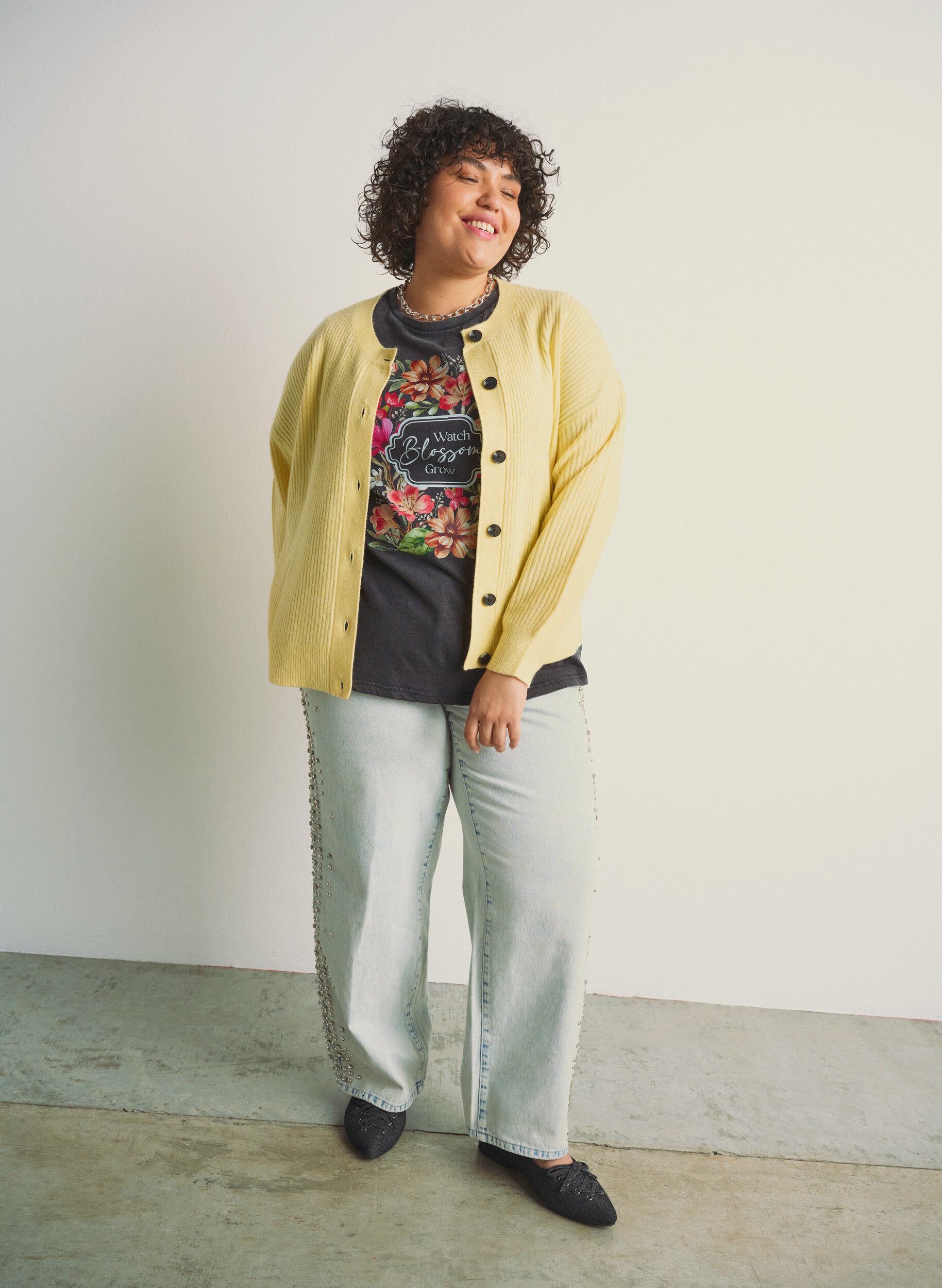 Zizzi Ribstrikket cardigan med knapper, Gul, Image image number 0