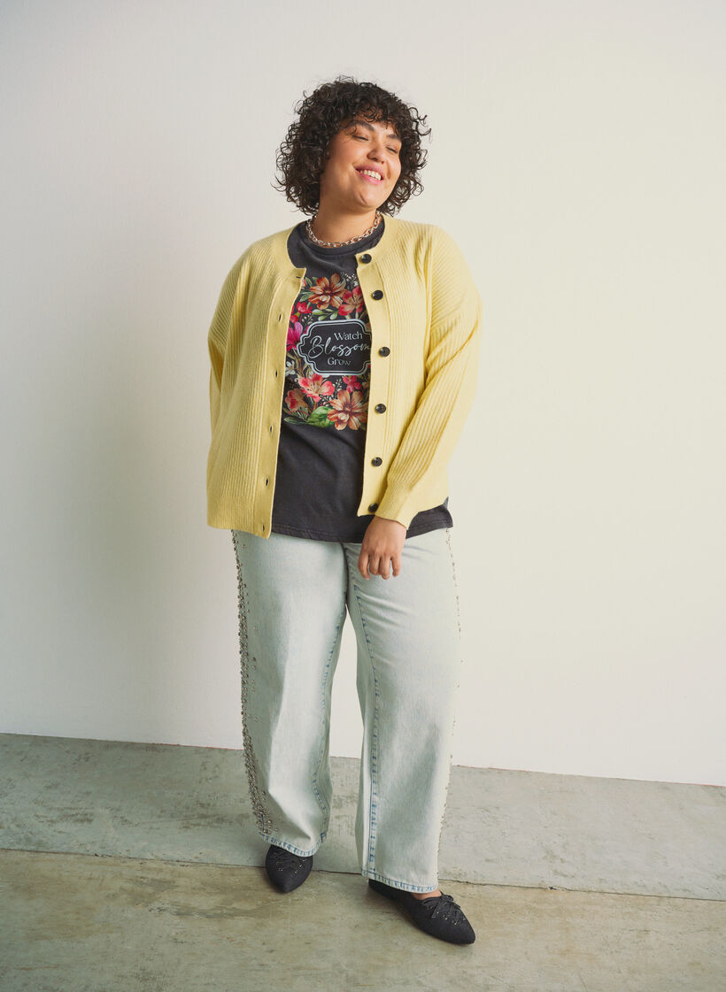 Ribstrikket cardigan med knapper, Gul, Image