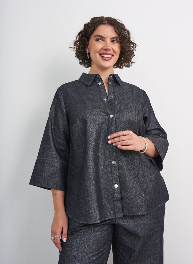 Denimskjorte med glimmertr&aring;d og 3/4-&aelig;rmer, Gr&aring;, Model image number 0