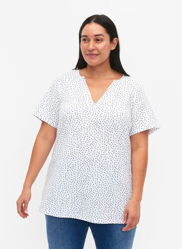 Bomulds t-shirt med prikker og v-hals, B.White/Black Dot, Model image number 0