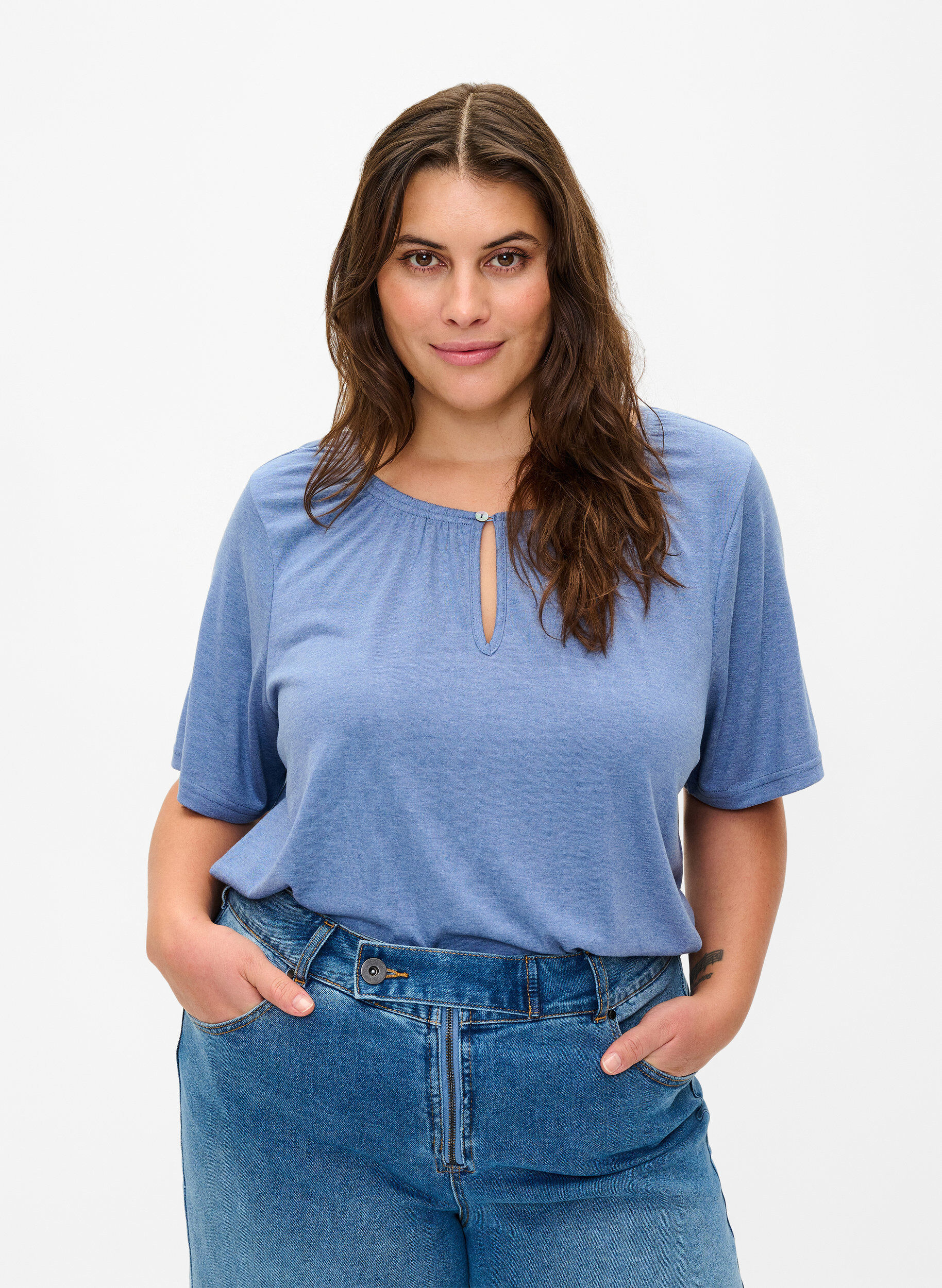 Zizzi Meleret bluse med korte &aelig;rmer, Moonlight Blue Mel., Model image number 0