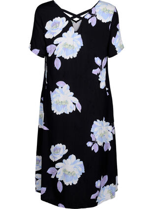 Blomstret kjole med korte ærmer i viskose, Black Big Flower AOP, Packshot image number 1