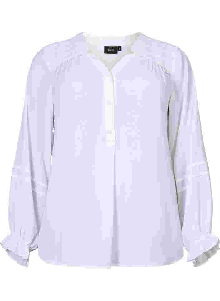 Bluse med lange ærmer og knaplukning, Bright White, Packshot image number 0