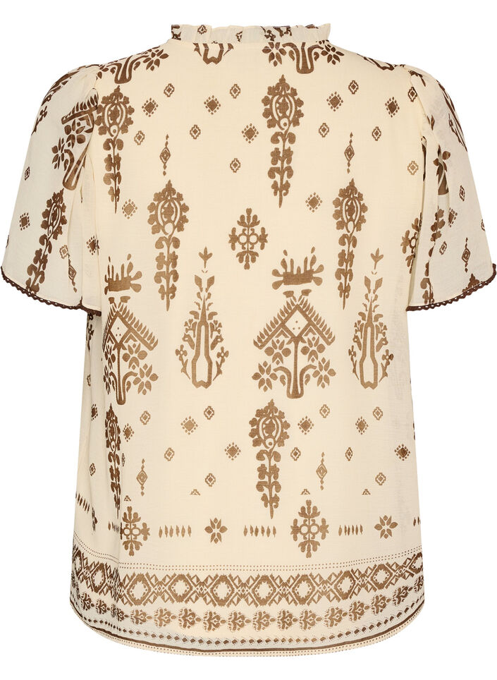 Bluse med m&oslash;nster og crochetb&aring;nd, Beige, Packshot image number 1