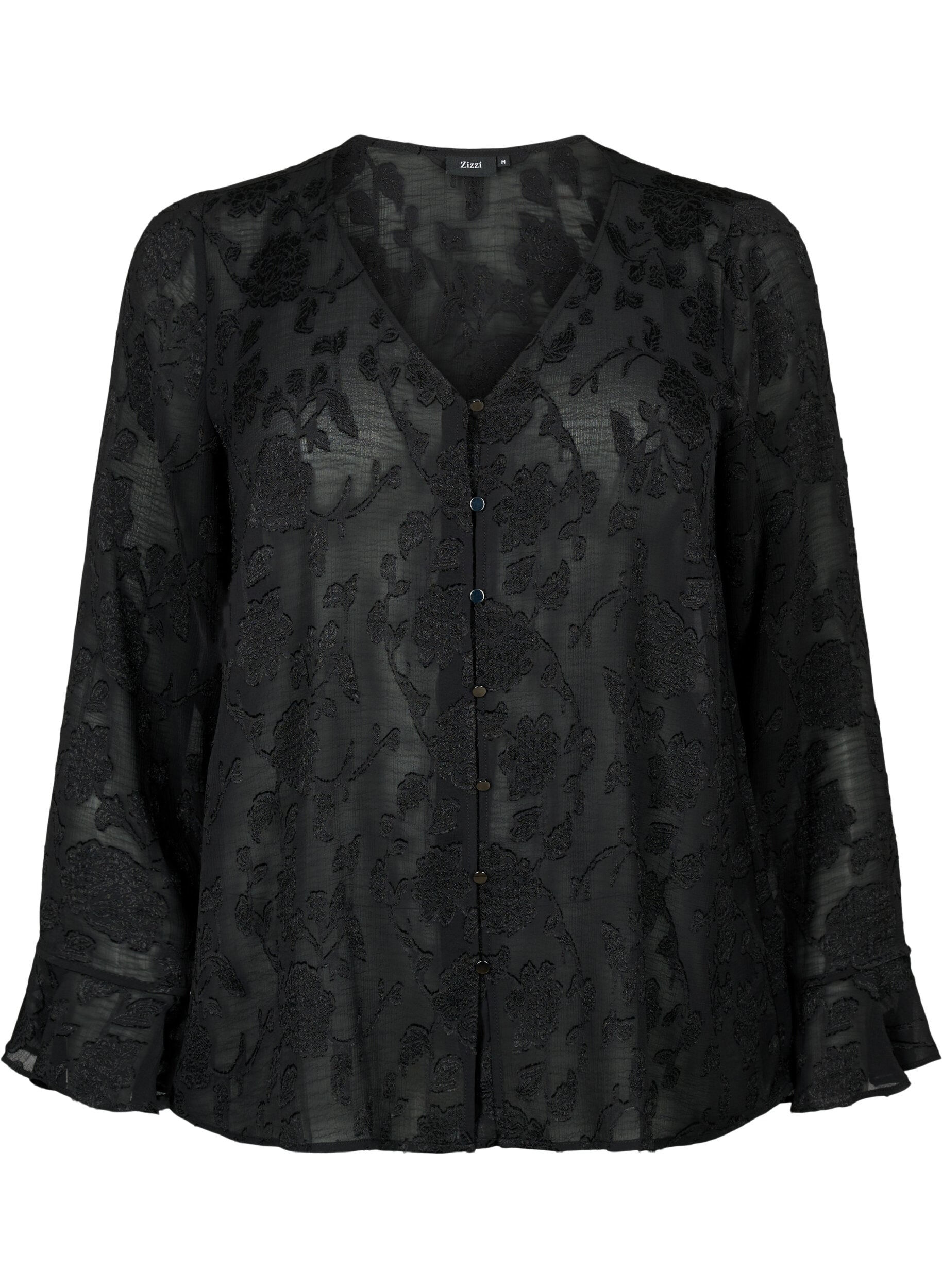 Zizzi Lang&aelig;rmet skjorte med jacquard look, Black, Packshot image number 0