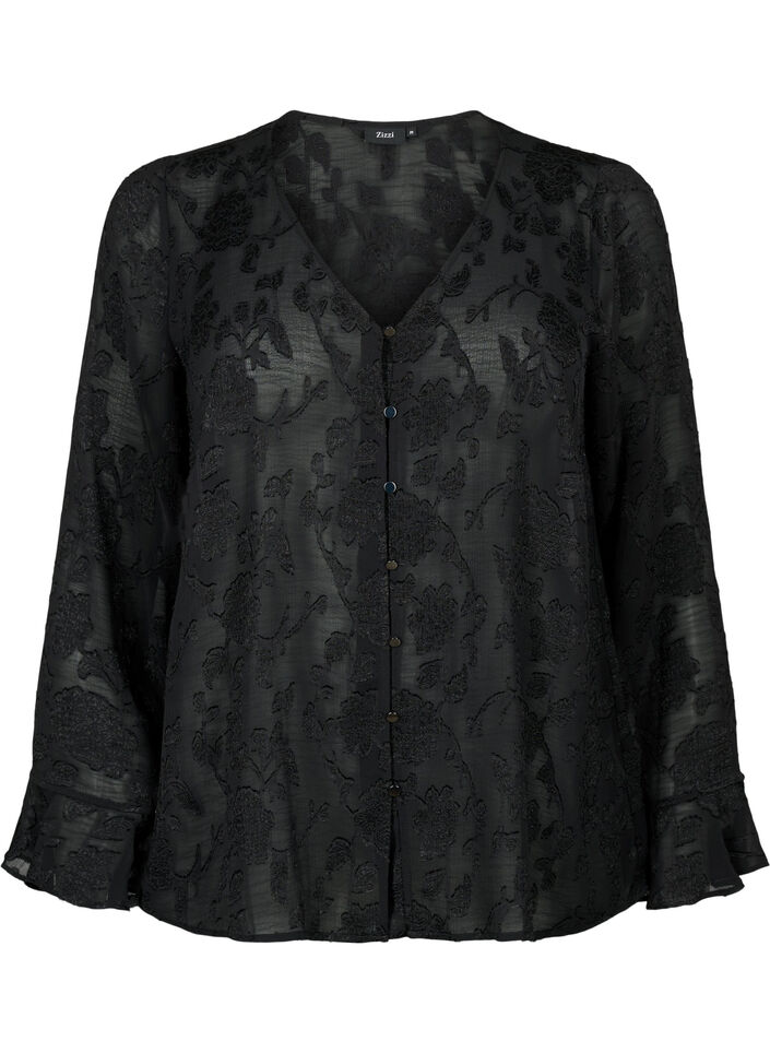 Langærmet skjorte med jacquard look, Black, Packshot image number 0