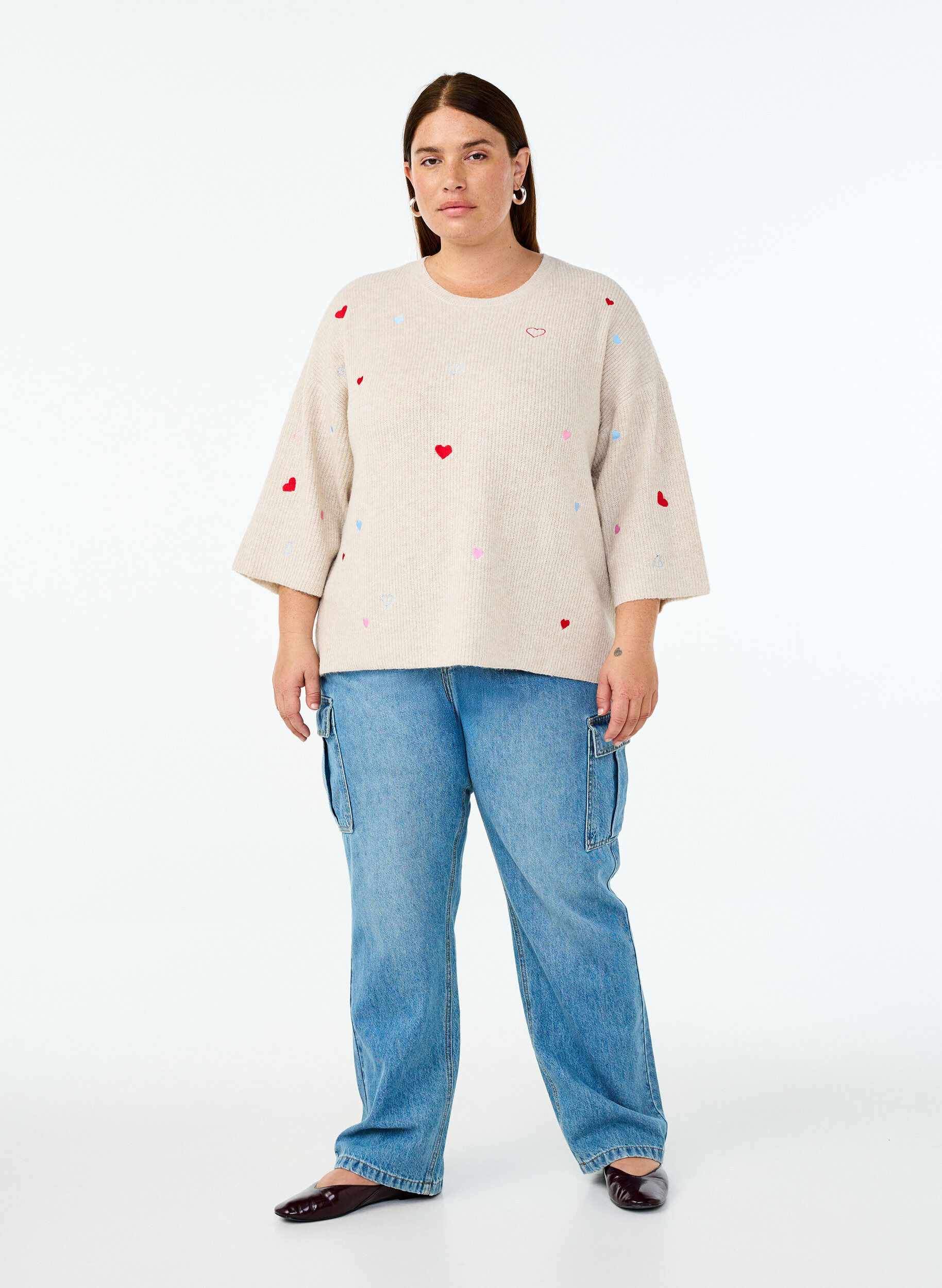 ZizziStrikbluse med hjerter og 3/4 &aelig;rmer, Beige, Model image number 1