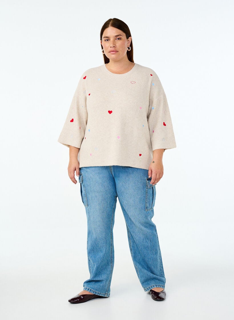Strikbluse med hjerter og 3/4 &aelig;rmer, Beige, Model image number 1