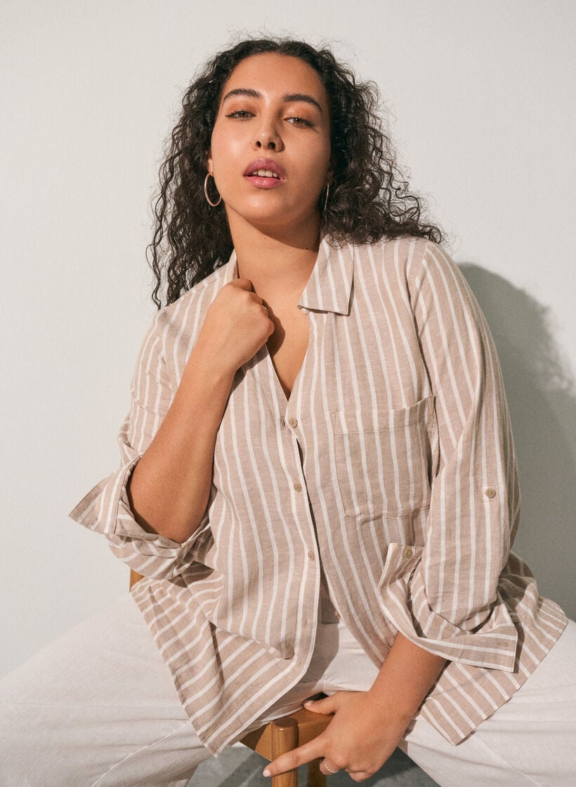 Skjorte i h&oslash;r og viskose med 3/4-&aelig;rmer, Beige, Image image number 0