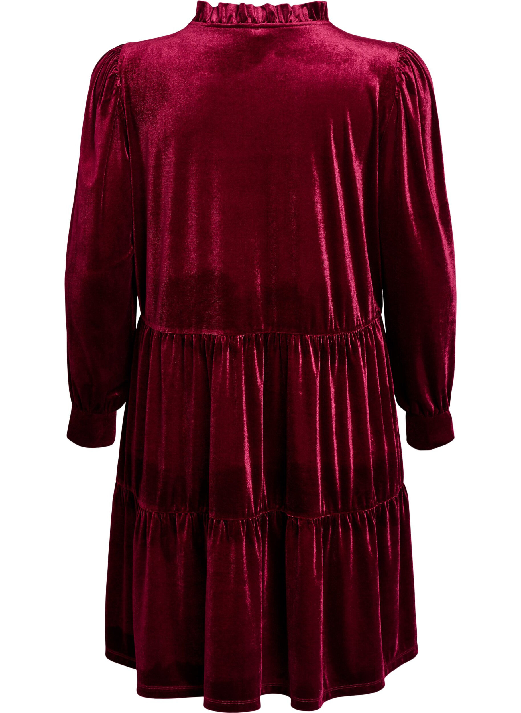 ZizziKort velourkjole med fl&aelig;sekrave og lange &aelig;rmer, R&oslash;d, Packshot image number 1