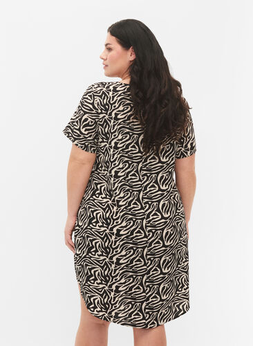 Printet kjole med korte ærmer, Black/White Animal, Model image number 1